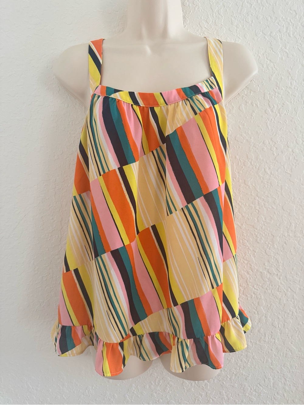 CAbi Multicolor Striped Ruffle-Hem Camisole - Yellow, Pink, Orange, Teal, Black